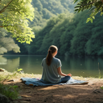 ** A person looking peaceful and relaxed in nature, away from technology. Focus on serenity and connection with nature, perhaps with soft, natural lighting.

**