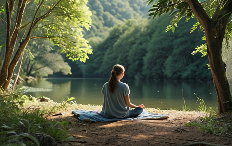 ** A person looking peaceful and relaxed in nature, away from technology. Focus on serenity and connection with nature, perhaps with soft, natural lighting.
**