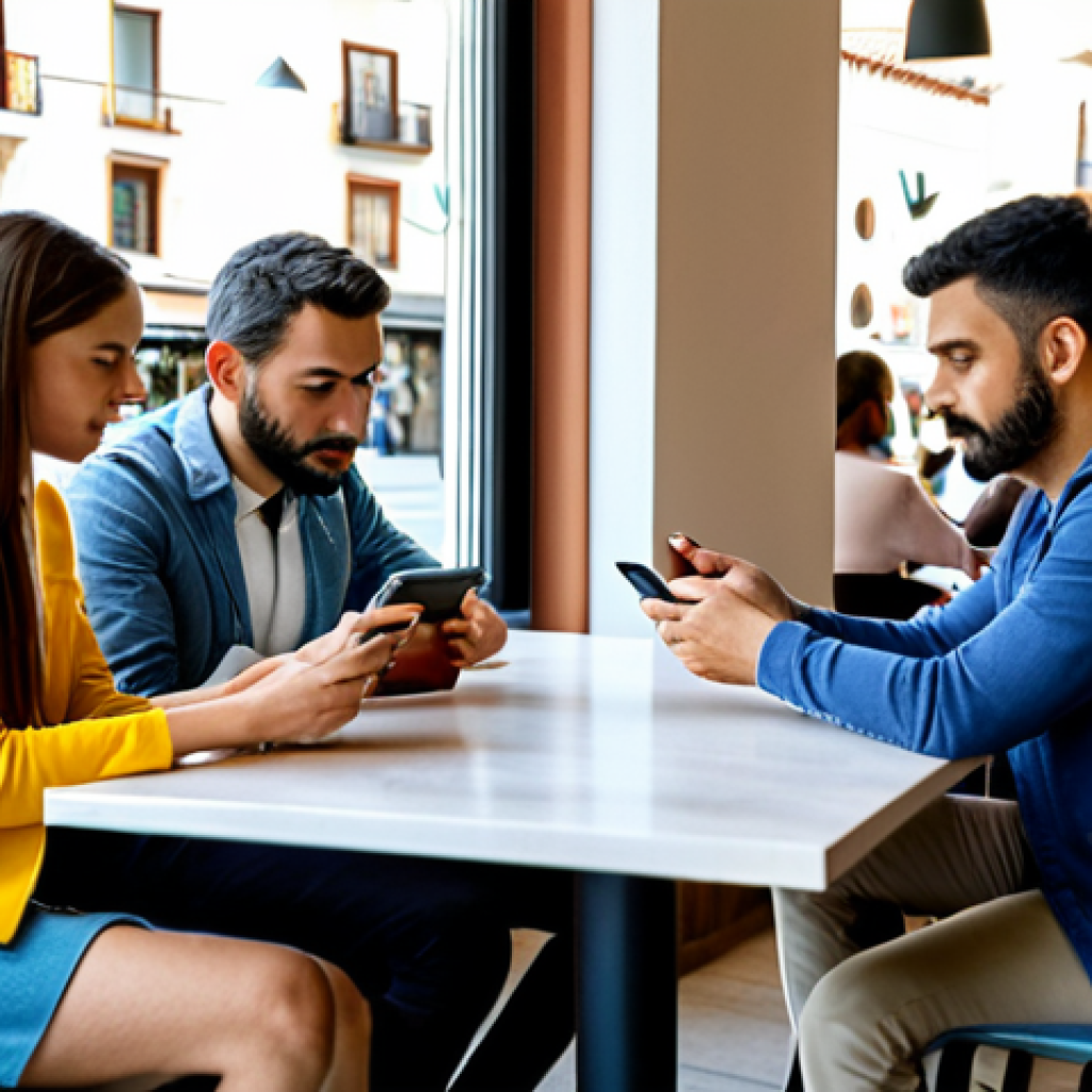 Four adults, fully clothed in modest everyday attire, seated around a table in a modern, well-lit cafe in a Spanish city during daylight hours. Each person is engrossed in their smartphone, with their attention diverted from each other. The atmosphere is quiet, highlighting their individual focus on devices. Safe for work, appropriate content, perfect anatomy, correct proportions, natural pose, well-formed hands, proper finger count, family-friendly.
