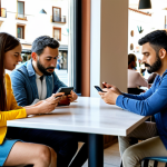 Four adults, fully clothed in modest everyday attire, seated around a table in a modern, well-lit cafe in a Spanish city during daylight hours. Each person is engrossed in their smartphone, with their attention diverted from each other. The atmosphere is quiet, highlighting their individual focus on devices. Safe for work, appropriate content, perfect anatomy, correct proportions, natural pose, well-formed hands, proper finger count, family-friendly.