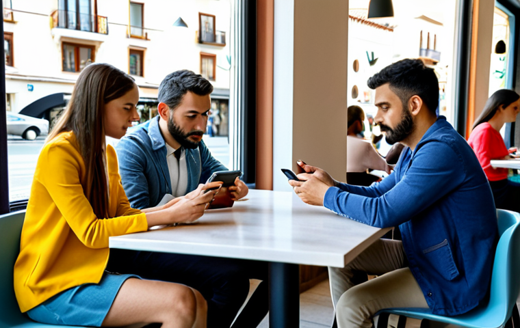 Four adults, fully clothed in modest everyday attire, seated around a table in a modern, well-lit cafe in a Spanish city during daylight hours. Each person is engrossed in their smartphone, with their attention diverted from each other. The atmosphere is quiet, highlighting their individual focus on devices. Safe for work, appropriate content, perfect anatomy, correct proportions, natural pose, well-formed hands, proper finger count, family-friendly.
