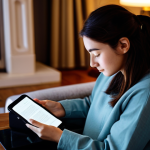 A calm woman in modest, comfortable loungewear is seated peacefully in a softly lit, cozy living room at twilight. She gently places a smartphone face down on a wooden side table, a physical book open in her lap, and a warm cup of herbal tea steams beside her. The background shows blurred warm interior lights, indicating a relaxed evening atmosphere. The image emphasizes digital disconnection and tranquility. Fully clothed, modest clothing, appropriate attire, safe for work, perfect anatomy, natural pose, well-formed hands, correct proportions, professional photography, high quality.