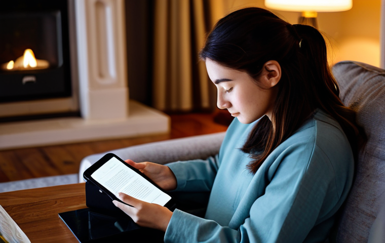 A calm woman in modest, comfortable loungewear is seated peacefully in a softly lit, cozy living room at twilight. She gently places a smartphone face down on a wooden side table, a physical book open in her lap, and a warm cup of herbal tea steams beside her. The background shows blurred warm interior lights, indicating a relaxed evening atmosphere. The image emphasizes digital disconnection and tranquility. Fully clothed, modest clothing, appropriate attire, safe for work, perfect anatomy, natural pose, well-formed hands, correct proportions, professional photography, high quality.