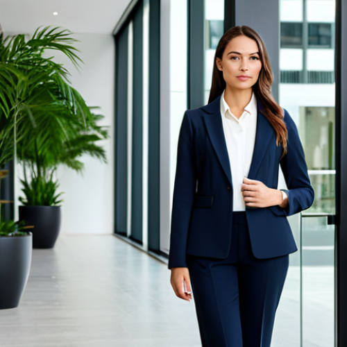 **

A professional businesswoman in a tailored blazer and dress pants, standing confidently in a modern office lobby with glass walls and potted plants. Fully clothed, appropriate attire, safe for work, perfect anatomy, natural proportions, professional photography, high quality.

**