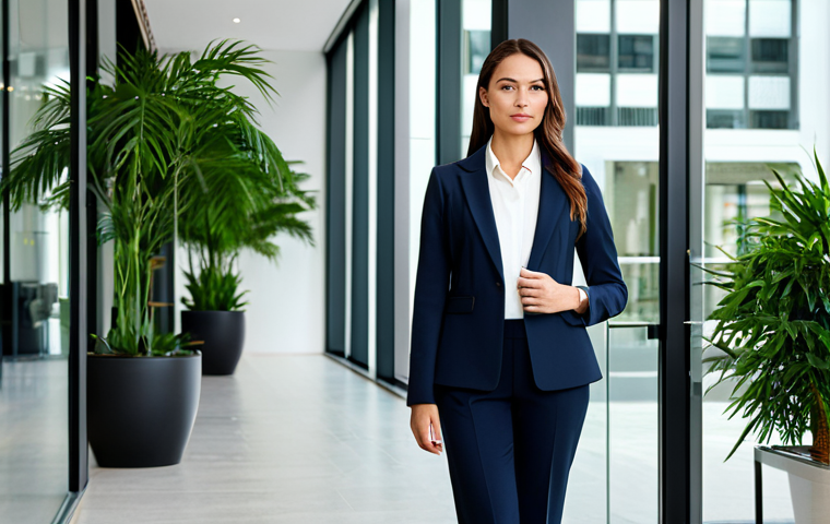 **

A professional businesswoman in a tailored blazer and dress pants, standing confidently in a modern office lobby with glass walls and potted plants. Fully clothed, appropriate attire, safe for work, perfect anatomy, natural proportions, professional photography, high quality.

**