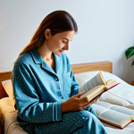 디지털디톡스와 불필요한 앱 정리 - Peaceful Bedroom Scene**

A woman in comfortable pajamas, fully clothed, reading a book in a softly ...