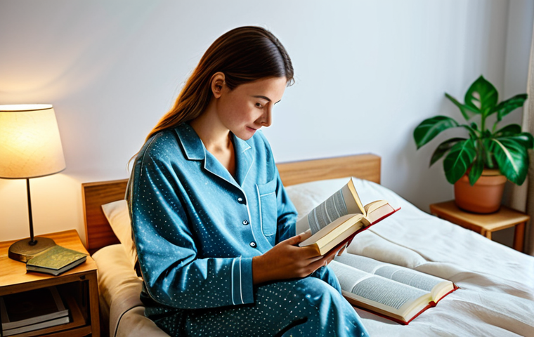 디지털디톡스와 불필요한 앱 정리 - Peaceful Bedroom Scene**
A woman in comfortable pajamas, fully clothed, reading a book in a softly ...