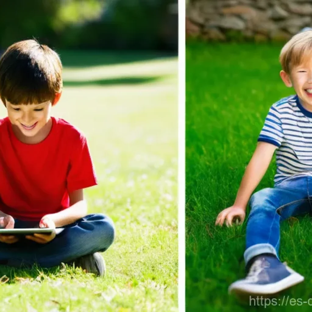 디지털디톡스와 어린이의 소셜 미디어 사용 - **Prompt:** A dynamic, split-frame image showcasing the duality of a child's interaction with techno...