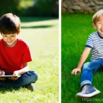 디지털디톡스와 어린이의 소셜 미디어 사용 - **Prompt:** A dynamic, split-frame image showcasing the duality of a child's interaction with techno...