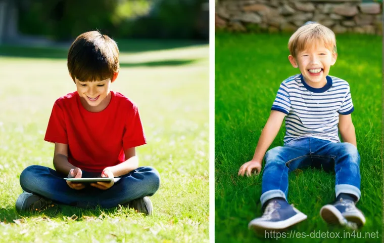 디지털디톡스와 어린이의 소셜 미디어 사용 - **Prompt:** A dynamic, split-frame image showcasing the duality of a child's interaction with techno...