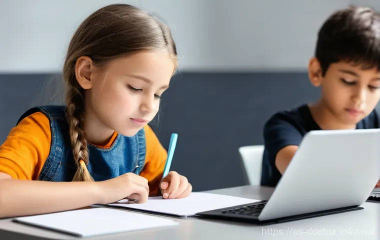 디지털디톡스와 어린이의 소셜 미디어 사용 - **Prompt:** A heartwarming scene of a family of four (two parents, a boy around 10, and a girl aroun...