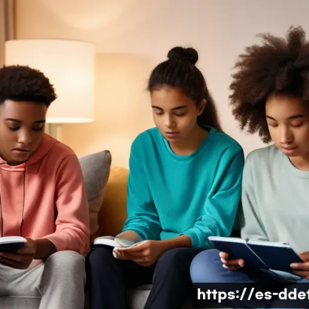 디지털디톡스와 청소년 스마트폰 규제 - **Prompt:** A diverse group of three teenagers (two girls and one boy, aged 15-17, from various ethn...