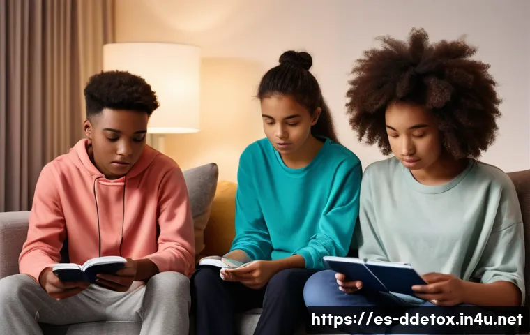 디지털디톡스와 청소년 스마트폰 규제 - **Prompt:** A diverse group of three teenagers (two girls and one boy, aged 15-17, from various ethn...