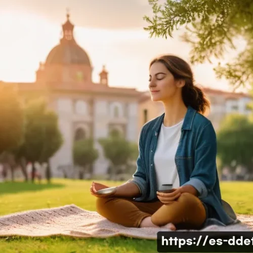 디지털디톡스와 여가 시간 활용 - A serene scene of a young Spanish woman practicing mindfulness outdoors in a quiet city park during ...