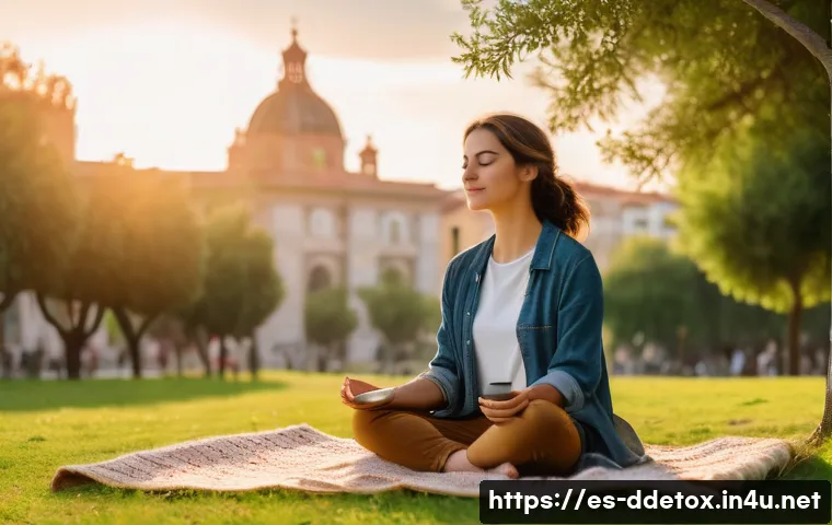 디지털디톡스와 여가 시간 활용 - A serene scene of a young Spanish woman practicing mindfulness outdoors in a quiet city park during ...