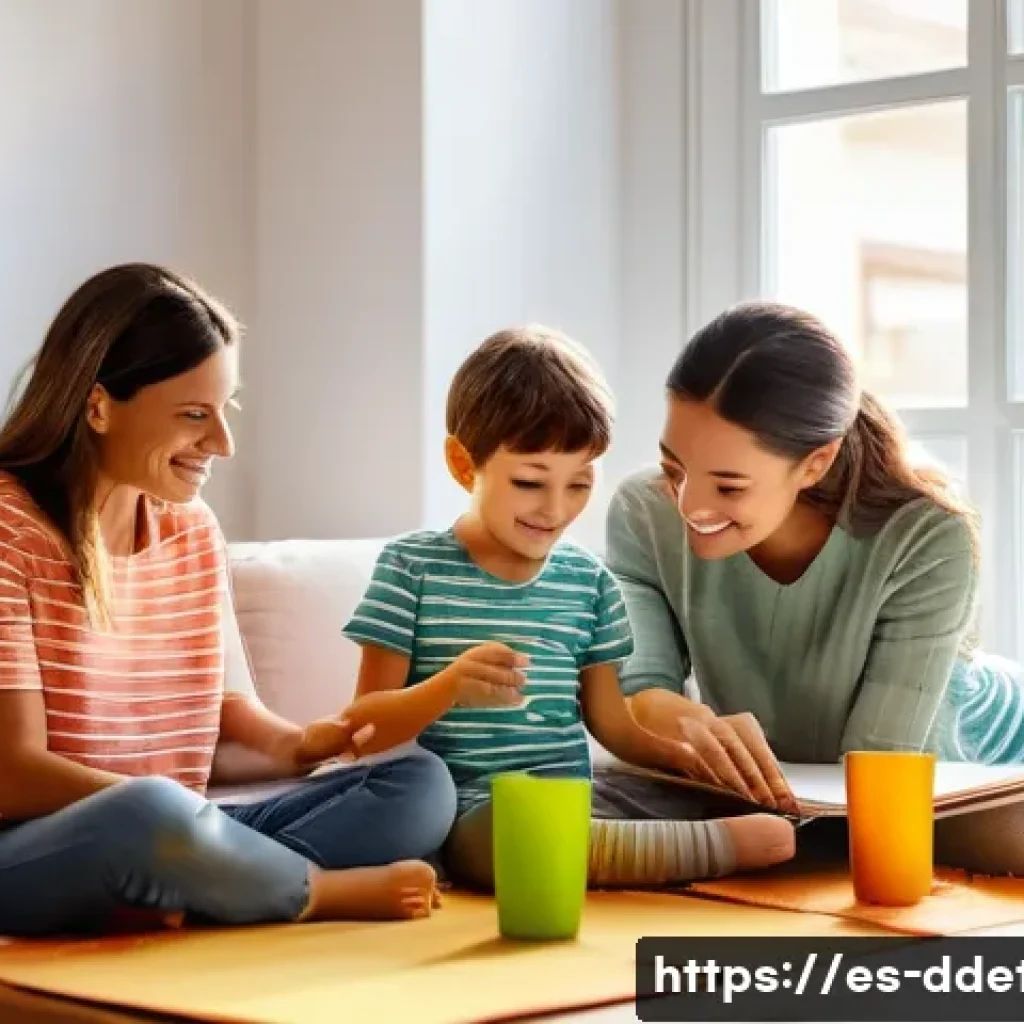 디지털디톡스와 자녀의 미디어 사용 조정 - A warm family scene in a bright, cozy living room in a Spanish household, with parents and two child...