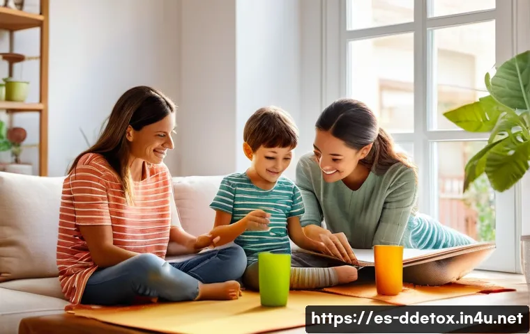 디지털디톡스와 자녀의 미디어 사용 조정 - A warm family scene in a bright, cozy living room in a Spanish household, with parents and two child...