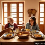 디지털디톡스와 행복 찾기 - A cozy Spanish dining room scene during a family meal with no digital devices visible, featuring war...