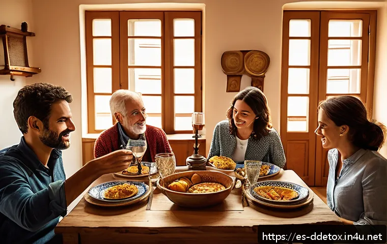 디지털디톡스와 행복 찾기 - A cozy Spanish dining room scene during a family meal with no digital devices visible, featuring war...