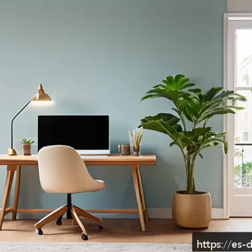 디지털디톡스와 실내 환경의 중요성 - A bright, organized home office bathed in natural sunlight streaming through large windows, featurin...