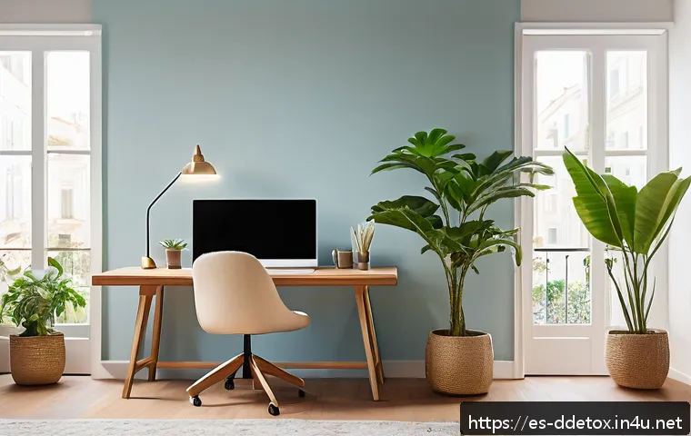 디지털디톡스와 실내 환경의 중요성 - A bright, organized home office bathed in natural sunlight streaming through large windows, featurin...