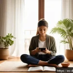 디지털디톡스와 소셜 미디어 일기 - A serene indoor scene depicting a young adult practicing mindful digital disconnection: sitting comf...
