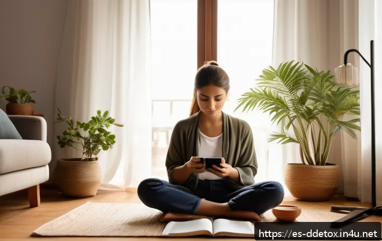 디지털디톡스와 소셜 미디어 일기 - A serene indoor scene depicting a young adult practicing mindful digital disconnection: sitting comf...