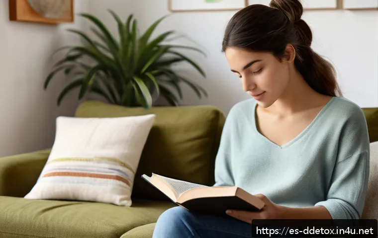 디지털디톡스와 불안감 해소 - A cozy living room scene in a modern Spanish apartment, showing a young adult woman sitting comforta...