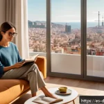 디지털디톡스와 개인적인 성장 - A serene digital detox scene set in a cozy, modern Spanish living room during sunset, featuring a yo...