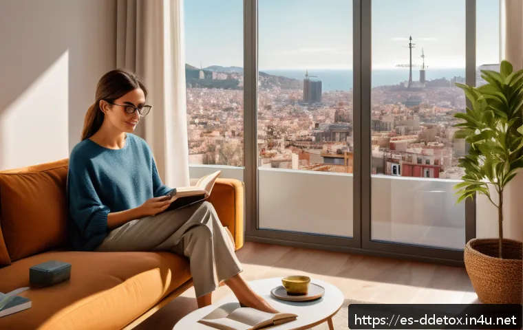 디지털디톡스와 개인적인 성장 - A serene digital detox scene set in a cozy, modern Spanish living room during sunset, featuring a yo...