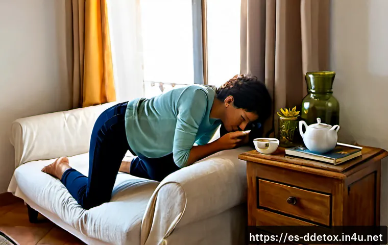 디지털디톡스와 심리적 스트레스 완화 - Photorealistic morning scene in a sunlit Spanish apartment, a relaxed middle-aged woman placing her ...