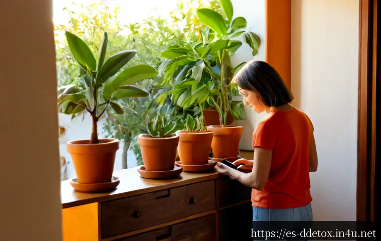 디지털디톡스와 정신적 치유 - Photorealistic peaceful digital detox scene in a sunlit Spanish apartment, a middle-aged woman placi...