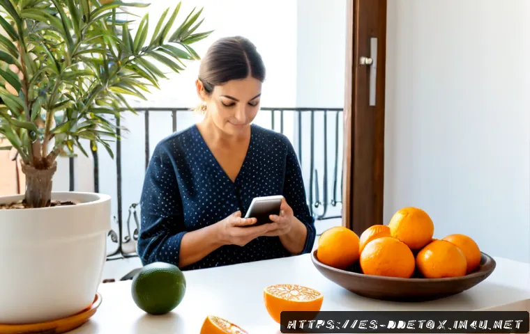 디지털디톡스와 휴대폰 사용 제한 - Photorealistic lifestyle scene in a bright Spanish apartment, a relaxed middle-aged woman placing he...